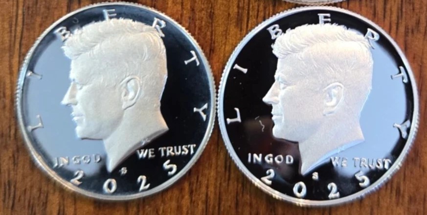 Side-by-side comparison of 2025-P clad Kennedy half dollar (left) vs 2025-S Silver Proof Deep Cameo (right)