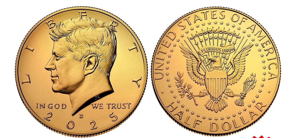 All four 2025 Kennedy Half Dollar types: Philadelphia, Denver, San Francisco Clad Proof, and San Francisco Silver Proof arranged on display