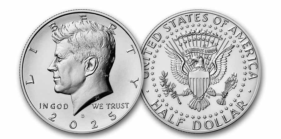 Kennedy half dollar grading strip showing four condition tiers: G4 worn (left), AU50 about uncirculated, MS63 uncirculated, MS66 gem (right)